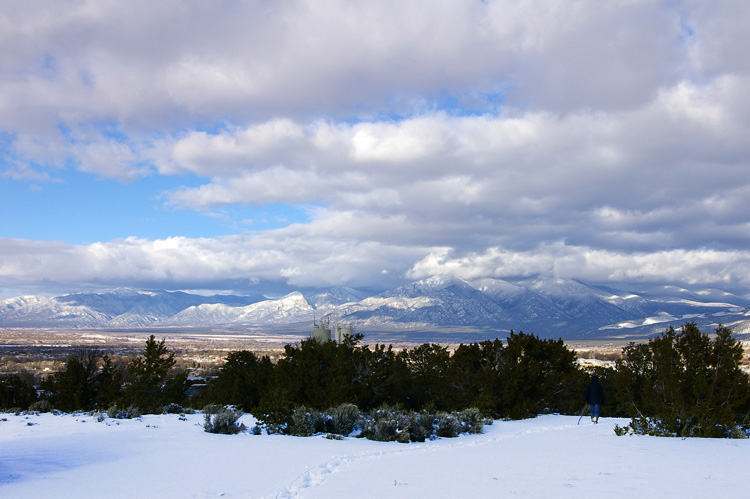 Long-range view of the Sangre de Cristos Mountains in the snow from Taos, New Mexico.