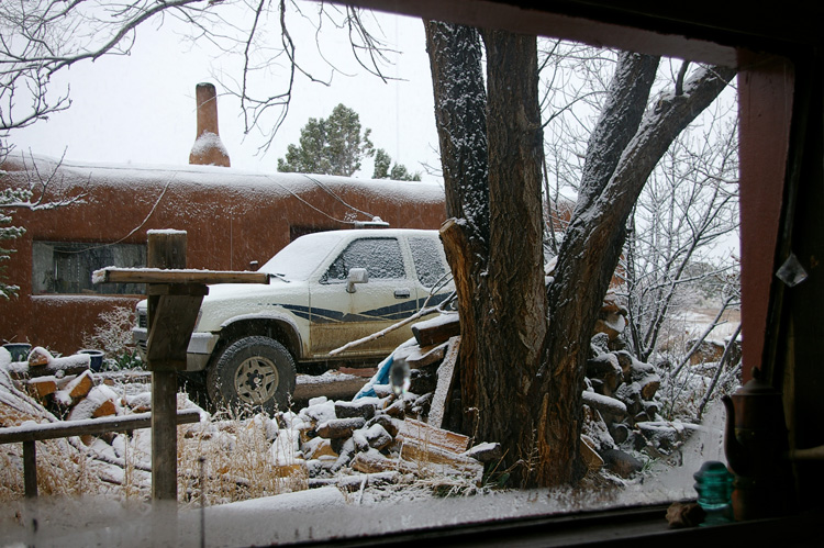 snowy kitchen window