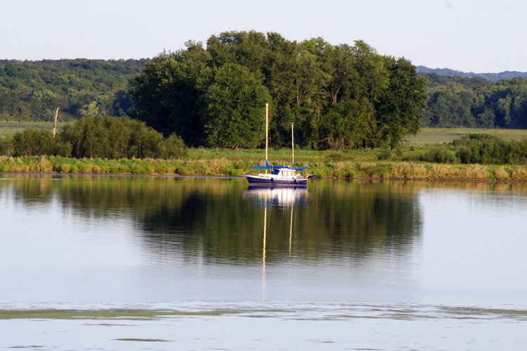 sailboat moored for the evening on the Mississippi near Bellevue, IA